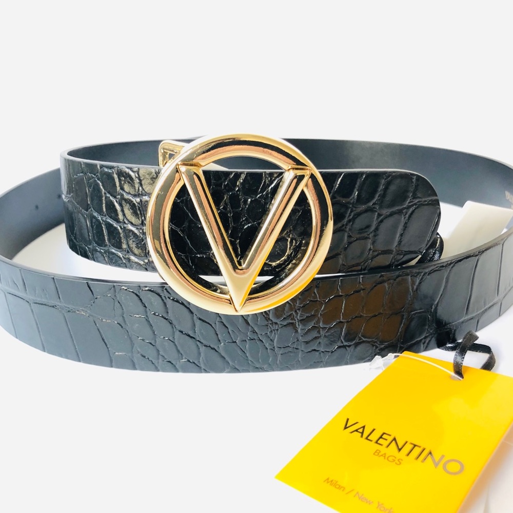 Valentino Milano Black Belt with Gold V
